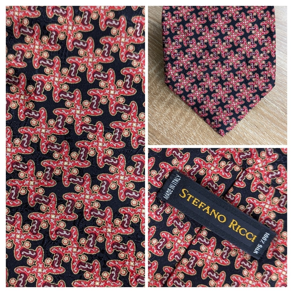 Stefano Ricci Silk Tie Luxury Hand Printed Red Black Bold Print